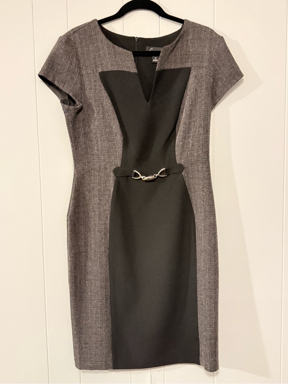 Two-Tone Black and Gray Sheath Dress with Decorative Buckle